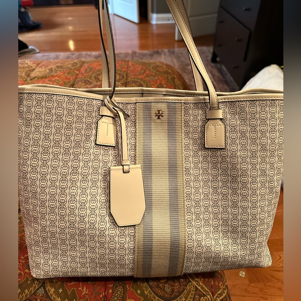 Tory Burch Gemini Link striped  Canvas Tote large bag.